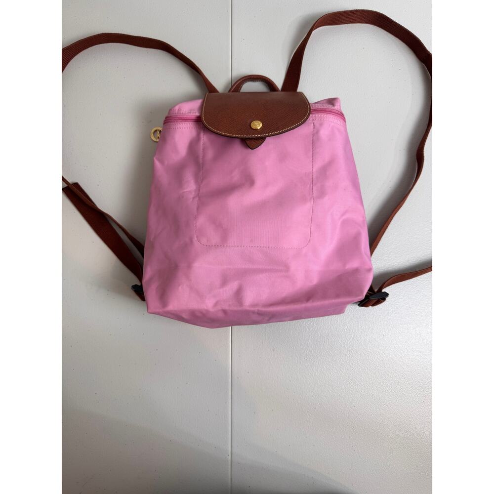 Longchamp Le Pliage pink nylon backpack tan leather flap gold tone hardware zips - Picture 3 of 10